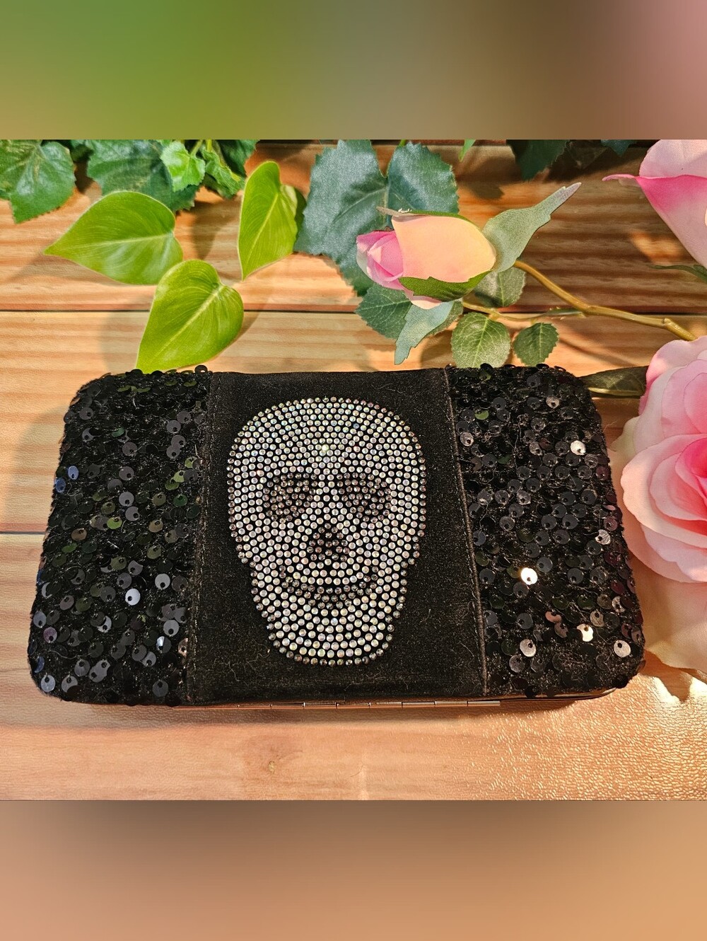 Black Rhinestone Skull Sequin Hard Case Wallet Clutch Organizer Gothic Glam